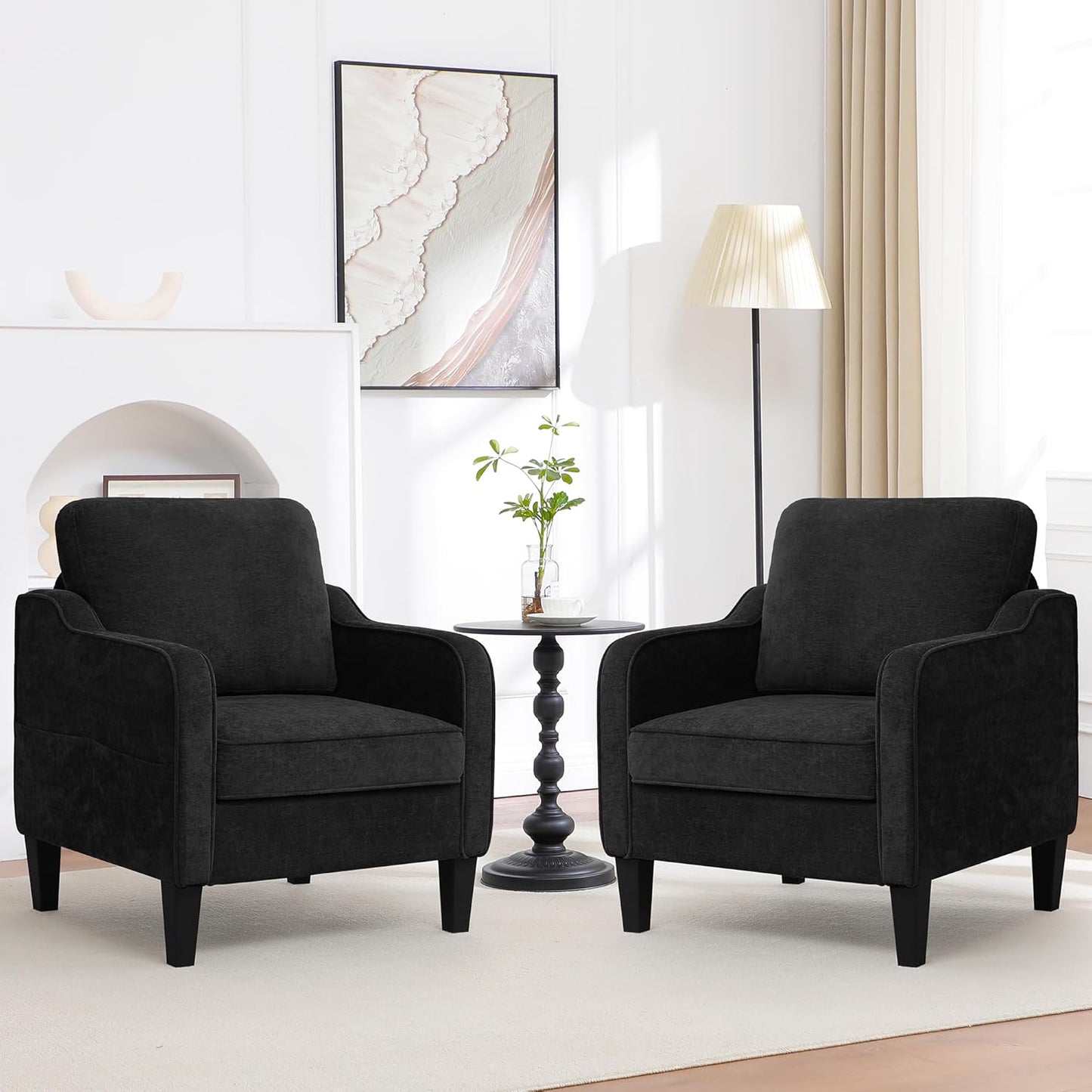 Accent Chairs Set of 2, Upholstered Living Room Chairs with Side Pockets, Mid Century Modern