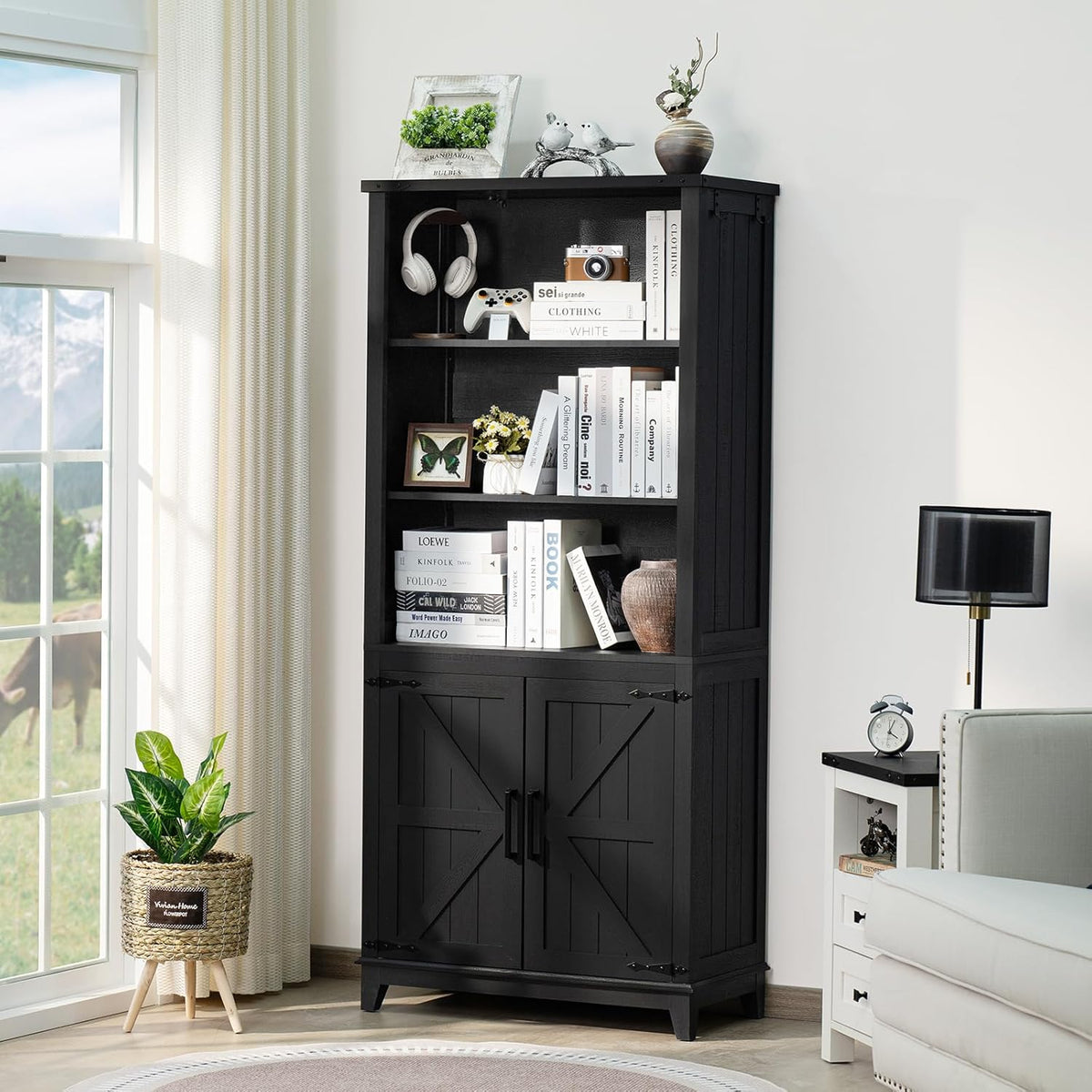 70in Tall Bookshelf 5 Tier Bookcase with Barn Doors and Adjustable Shelves, Black Farmhouse Book