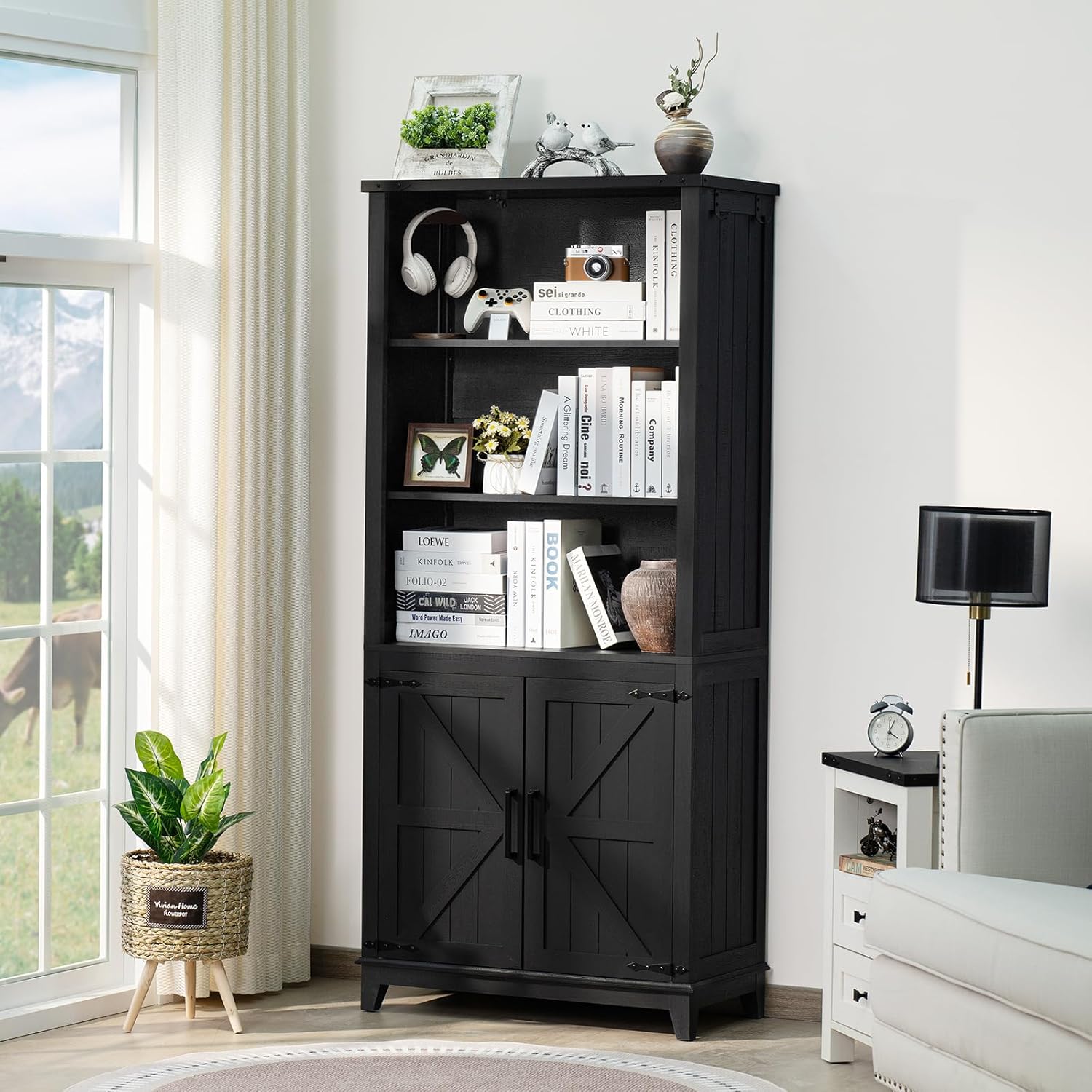 70in Tall Bookshelf 5 Tier Bookcase with Barn Doors and Adjustable Shelves, Black Farmhouse Book