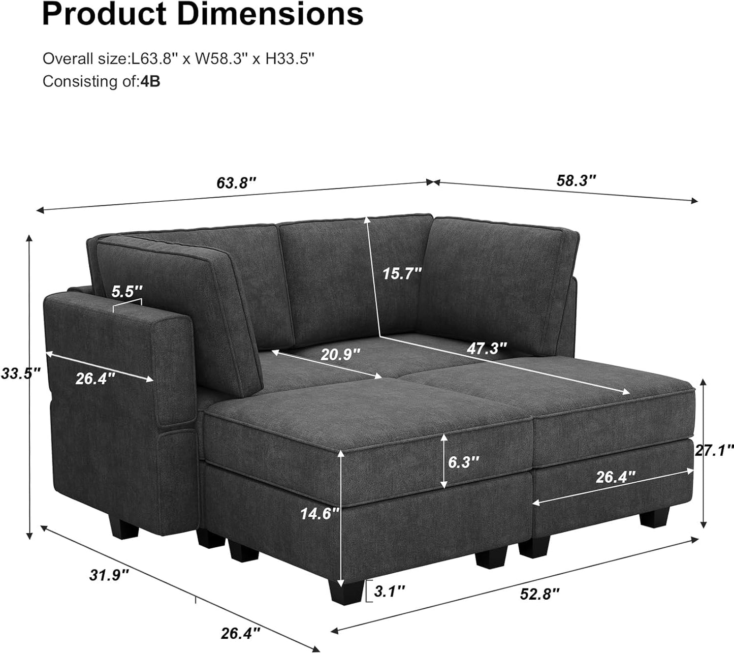 Bellfin Modular Sectional Sleeper Sofa Convertible Sofas with Storage Ottomans Small Sectional