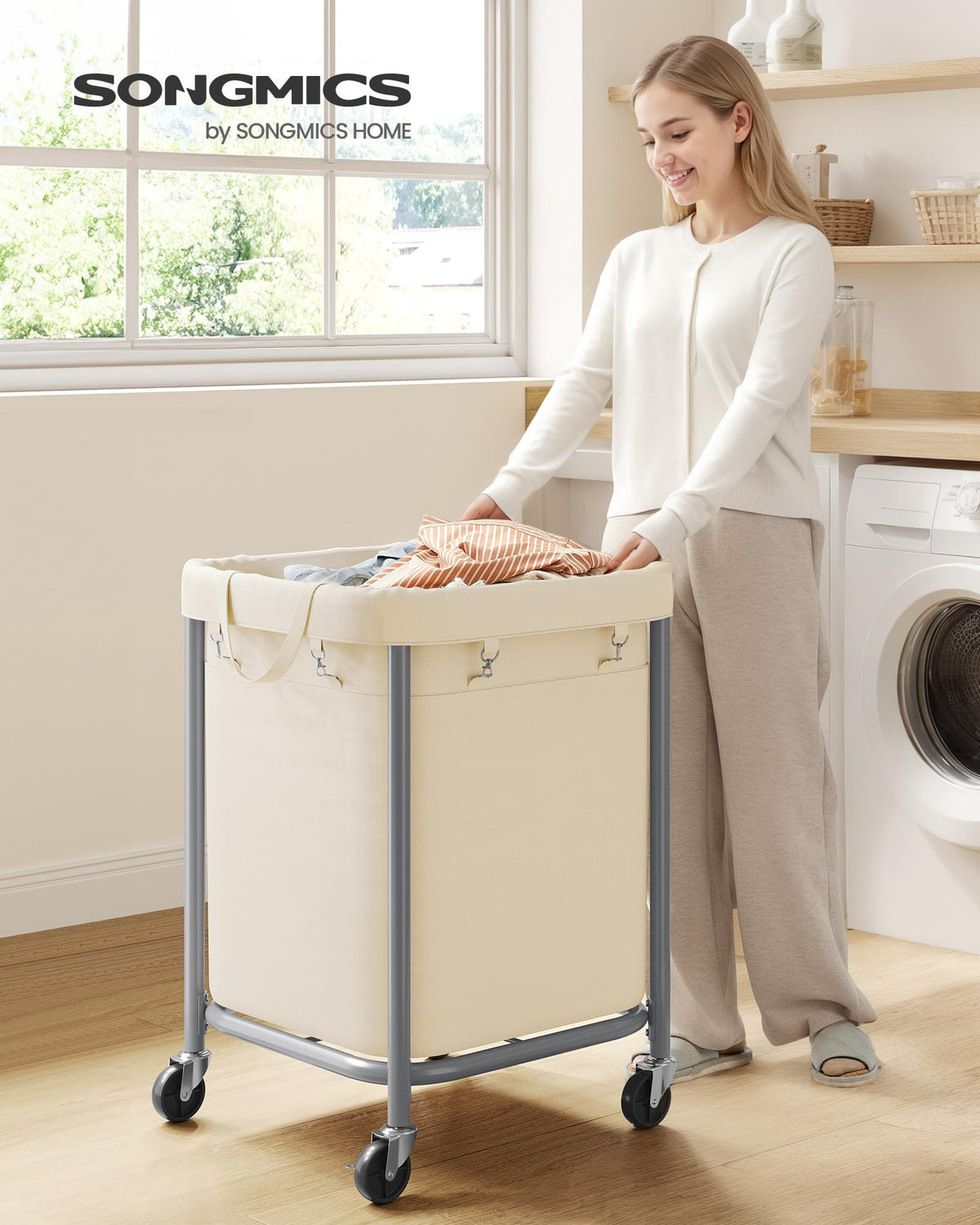 SONGMICS Laundry Basket, Rolling Steel Frame with 2 Locking Wheels, 170 L