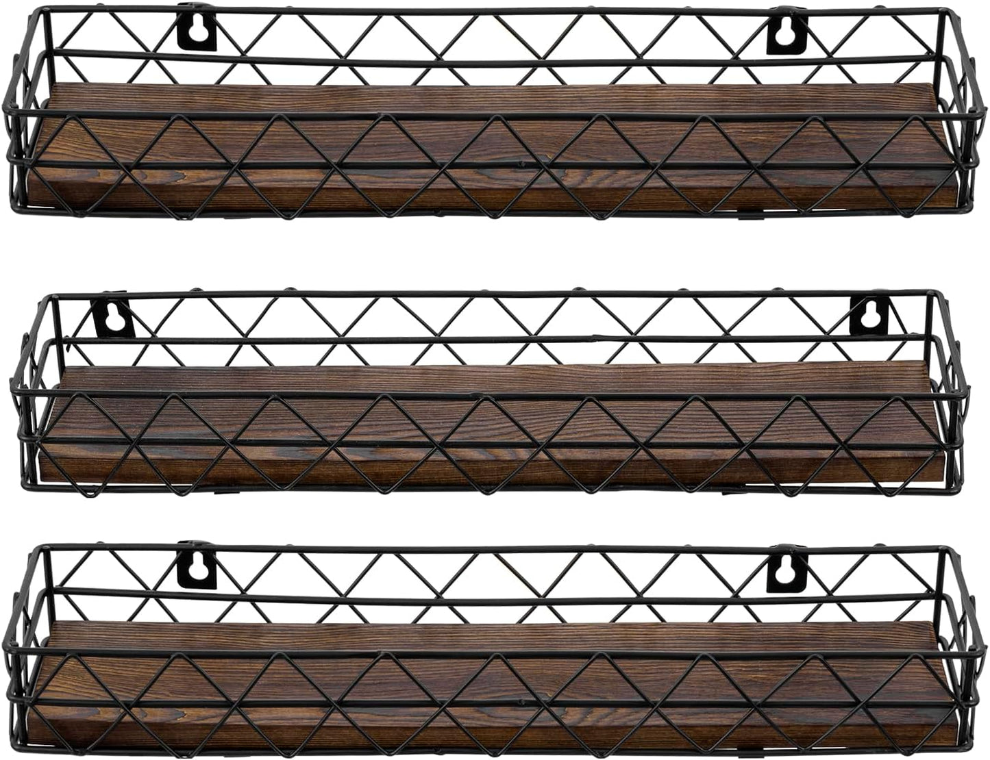 MyGift 14 Inch Wall Mounted Kitchen Spice Racks, Rustic Burnt Solid Wood and Black Metal Wire
