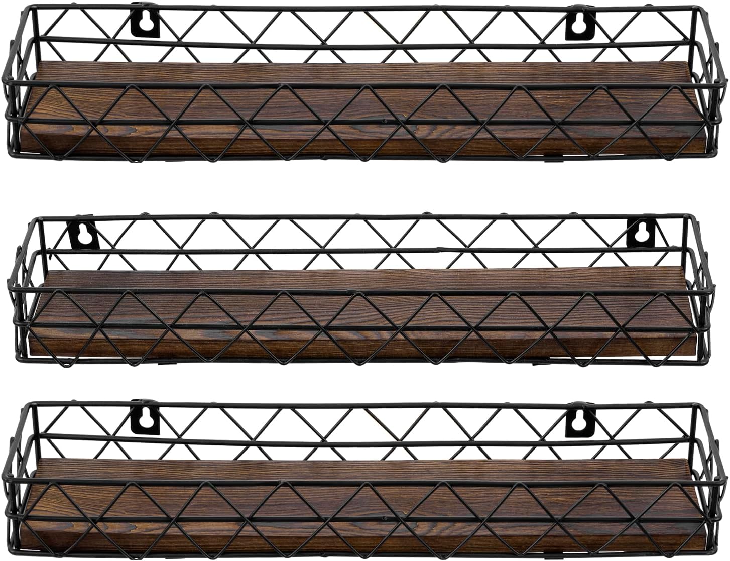 MyGift 14 Inch Wall Mounted Kitchen Spice Racks, Rustic Burnt Solid Wood and Black Metal Wire