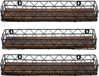 MyGift 14 Inch Wall Mounted Kitchen Spice Racks, Rustic Burnt Solid Wood and Black Metal Wire