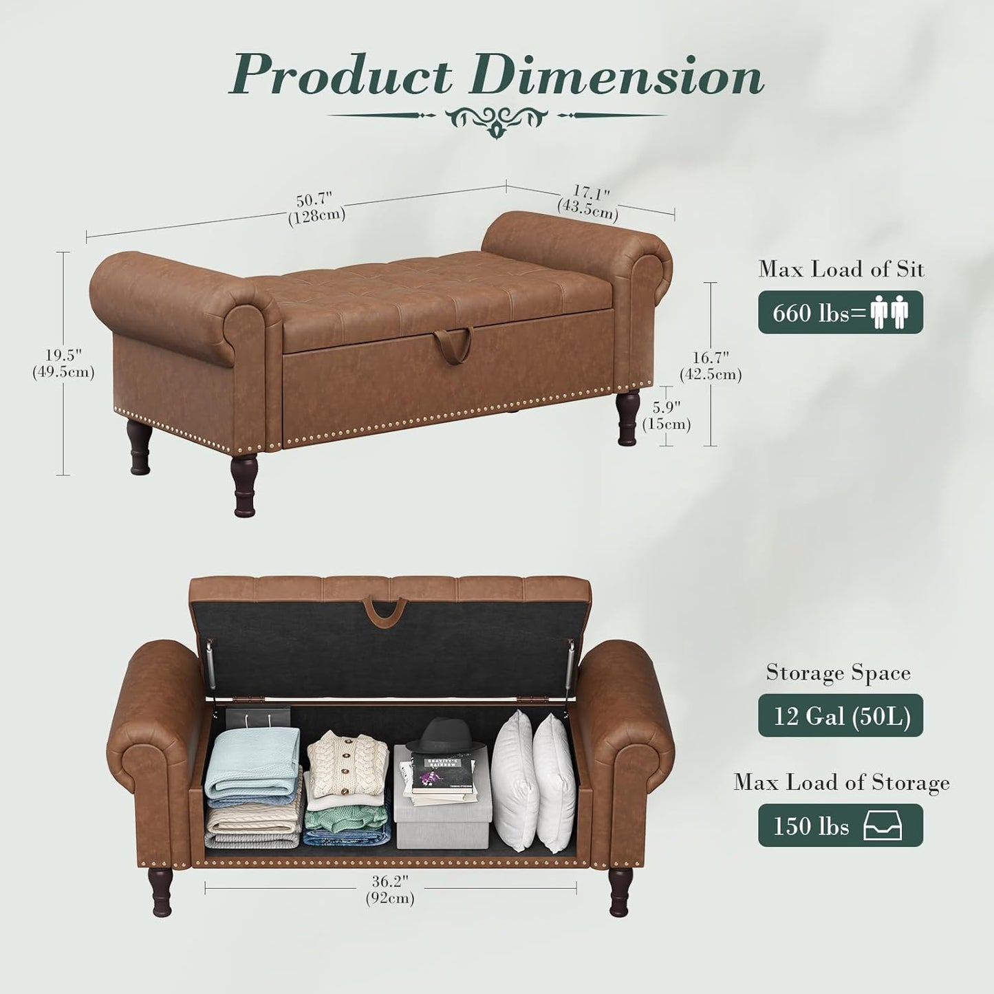 Apicizon 51”Ottoman with Storage, Queen Size End of Bed Storage Bench with Tufted Button