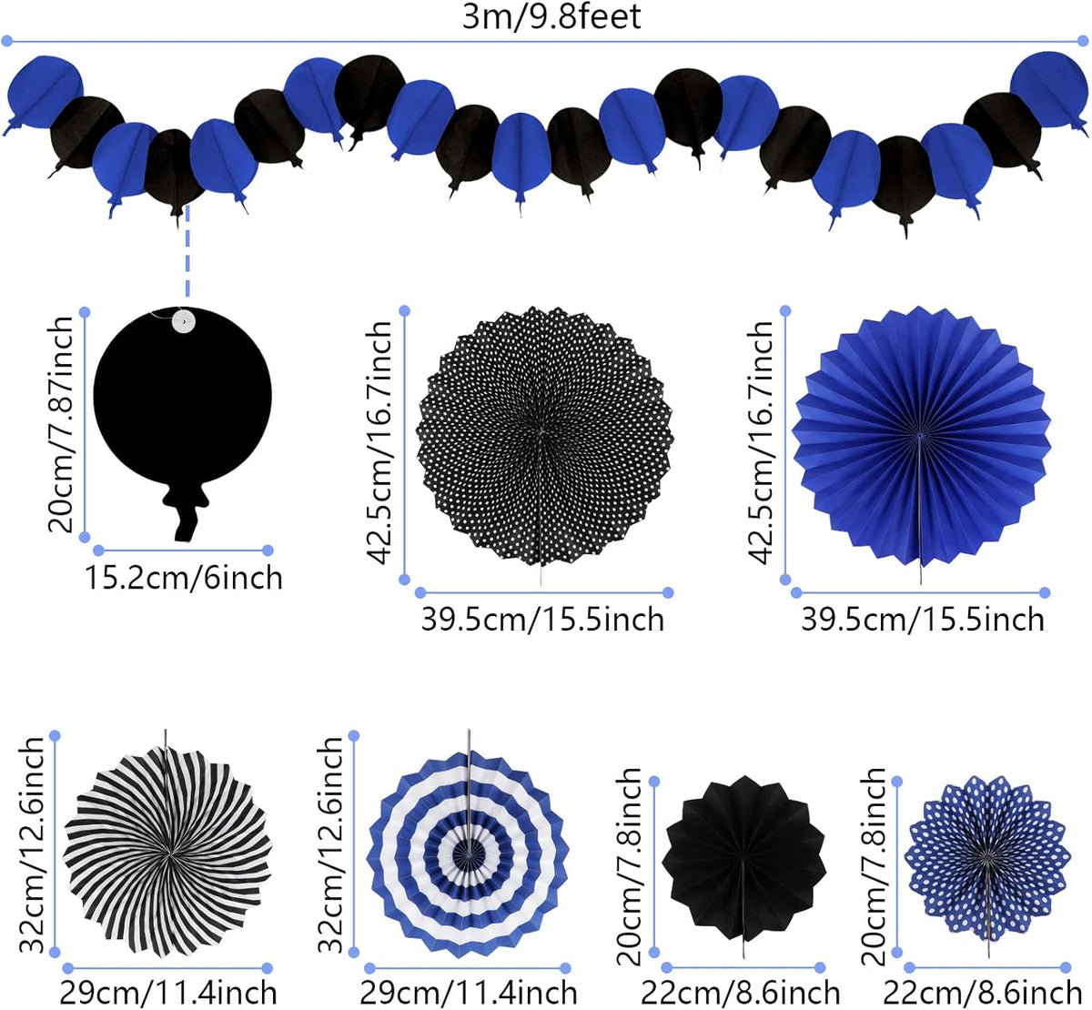 Party Decorations, Black Navy Blue Papar Fans Pompoms Garlands for Men Boy Fathers Day Graduation