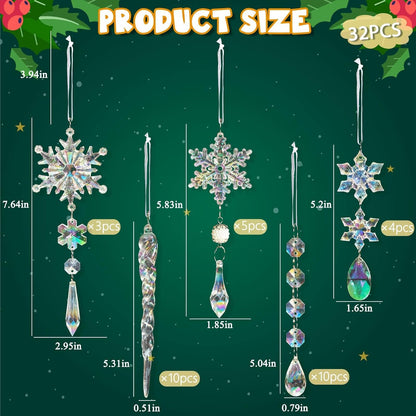 32pcs Christmas Decoration Crystal Ornaments - Iridescent Christmas Tree Ornaments Acrylic
