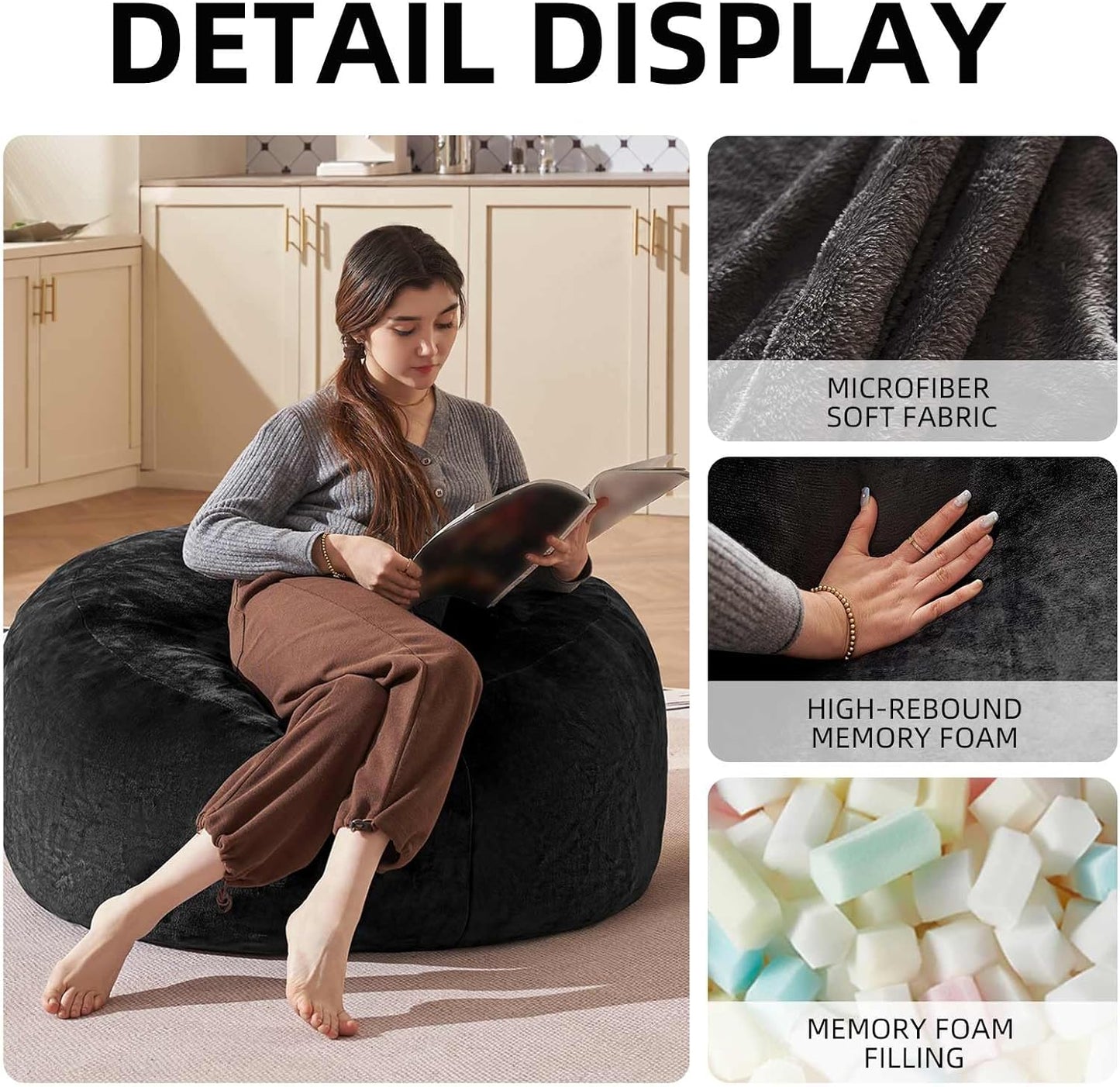Bean Bag Chair 3Ft, Memory Foam Filled, Large Beanbag Chairs for Adults and Teens, Soft Sofa with