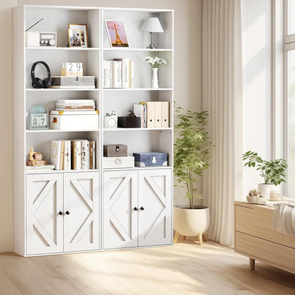 Tall White Bookcase with Doors – Wooden Bookshelf with Storage Cabinet & Shelves for Living Room