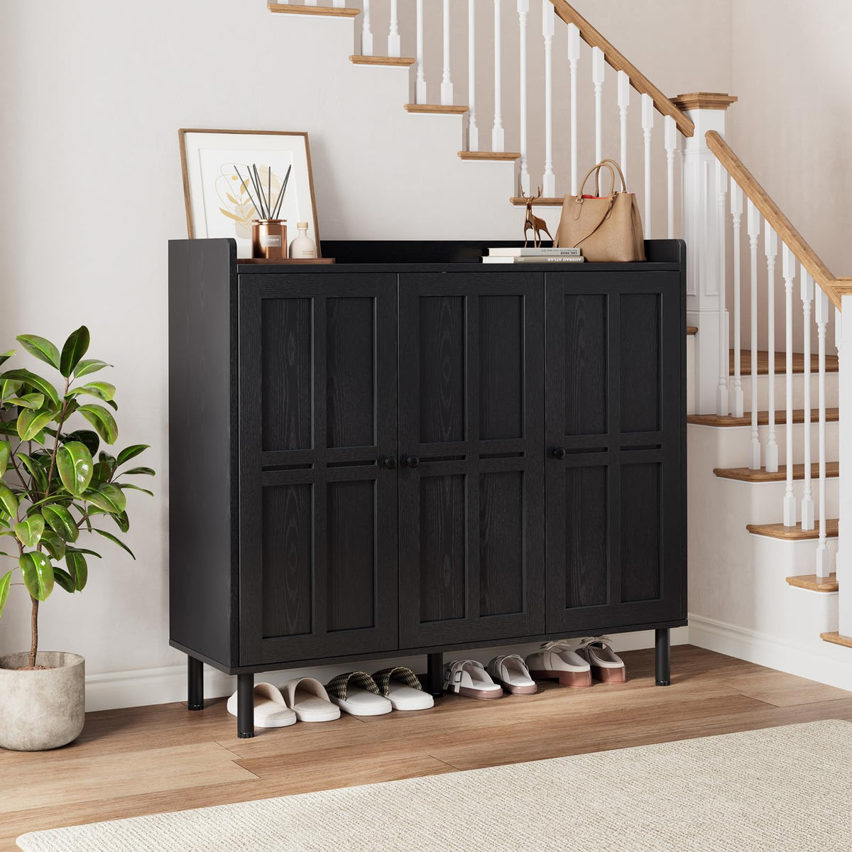 ComfyCorner Shoe Cabinet with 3 Doors, Shoe Rack for Entryway, Black