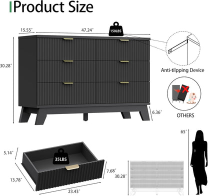 Fluted Dresser for Bedroom with 6 Drawers, 48" Wide Wooden Chest of Drawers with Metal Handle
