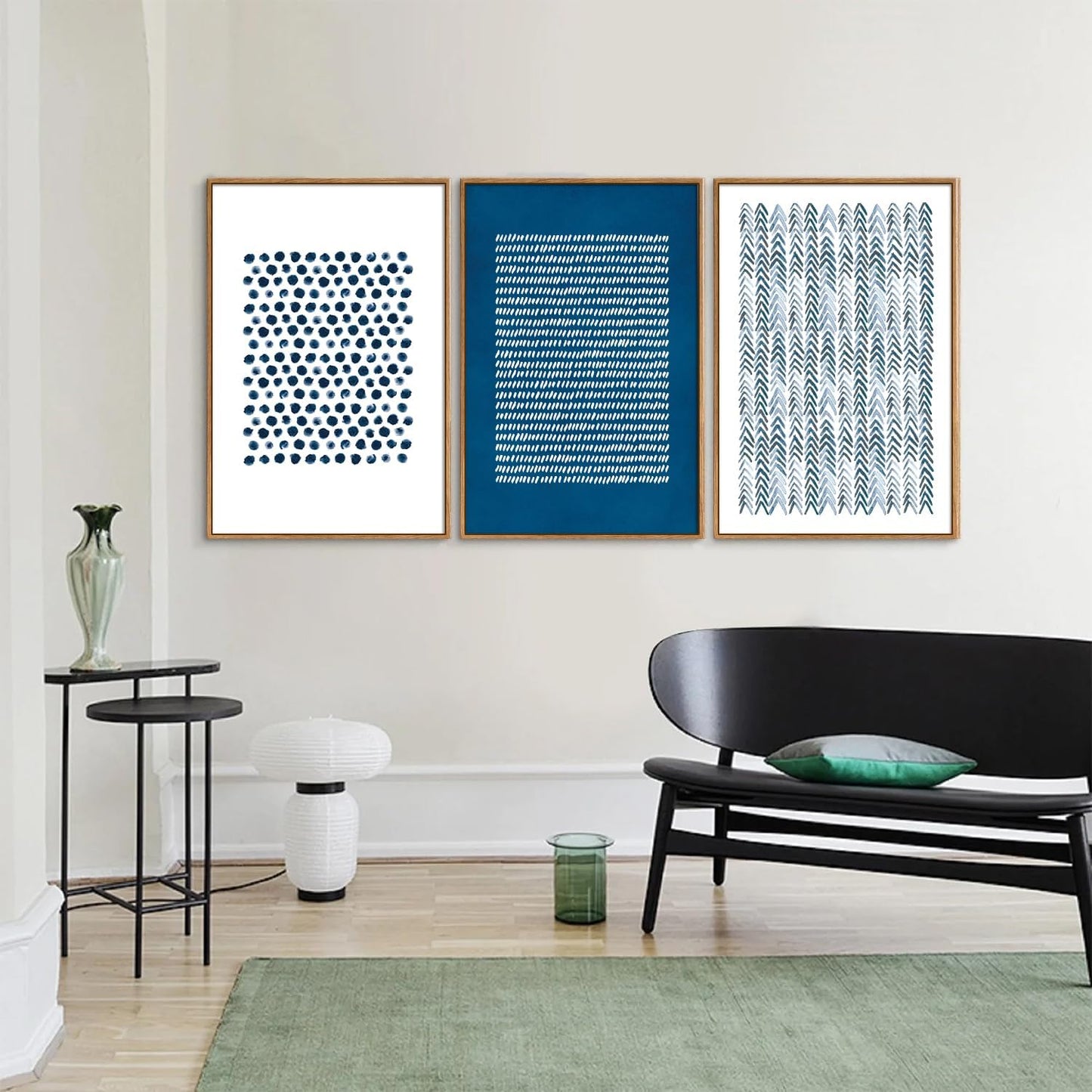 Tinonedraw Navy Blue and White Framed Canvas Wall Art Set, Minimalist Geometric Wall Decor, Neutral