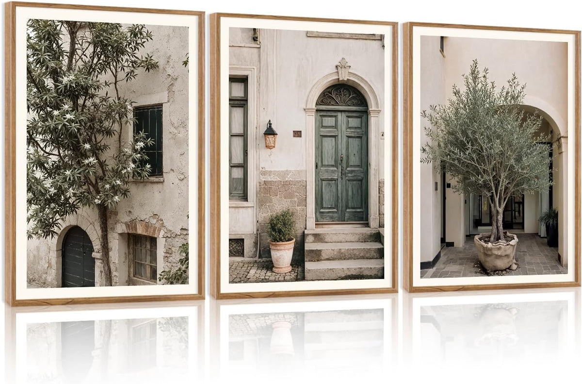 HPNIUB Large Vintage Italy City Landscape Framed Canvas Wall Art Set, Olive Green Tree Country Wall