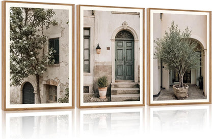 HPNIUB Large Vintage Italy City Landscape Framed Canvas Wall Art Set, Olive Green Tree Country Wall