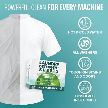 Sudstainables Eco Friendly Laundry Detergent Sheets - (200 Count), Unscented, Zero Waste, Plastic