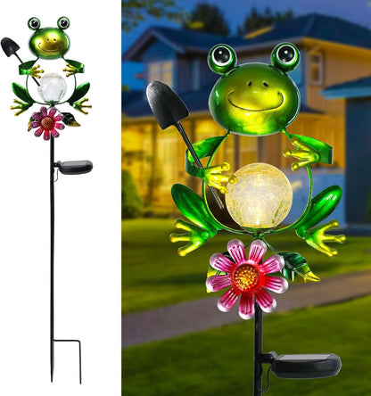 Afirst Solar Lights Outdoor Decorative Metal Frog Crackle Glass Globe Warm White LED Metal