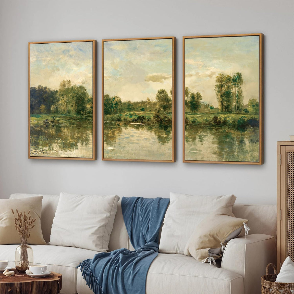 Tinonedraw Vintage Nature Framed Canvas Wall Art Set of 3, French Country Wall Decor, Olive Green