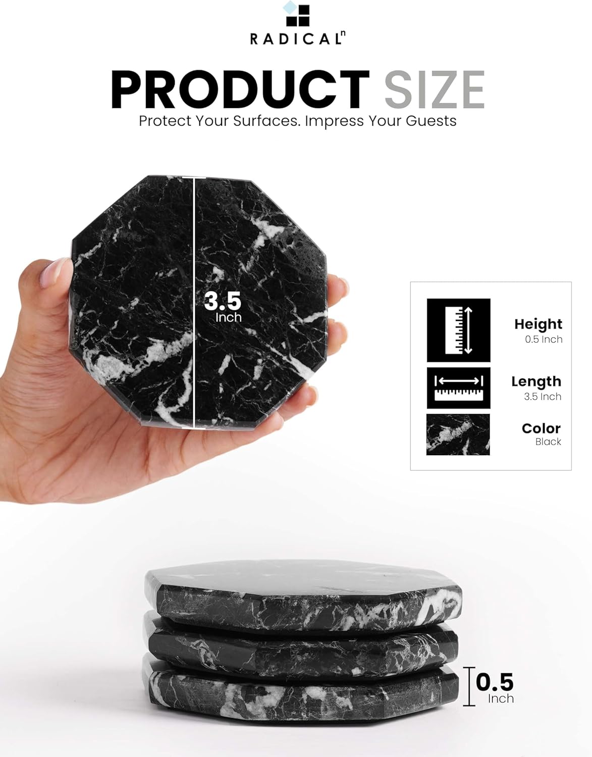 Radicaln Marble Coasters Star 3.5" Inches Black Handmade Stone Drink Coasters Set of 6 for Coffee