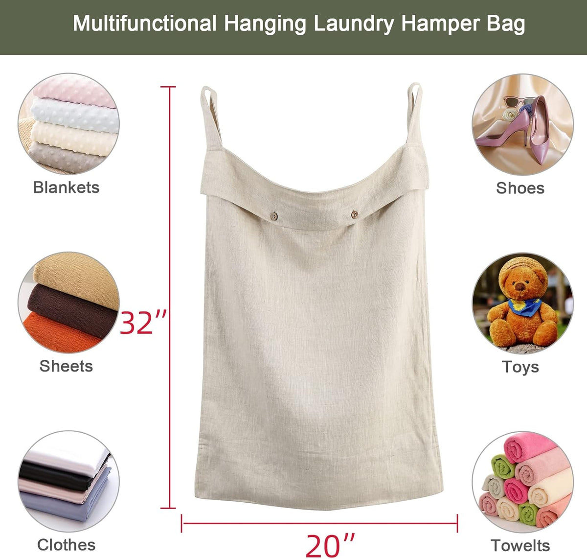 Linen Hanging Laundry Bag, 100% Linen Over The Door Laundry Hamper with Buttons and Zipper, Space