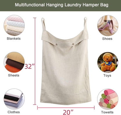 Linen Hanging Laundry Bag, 100% Linen Over The Door Laundry Hamper with Buttons and Zipper, Space