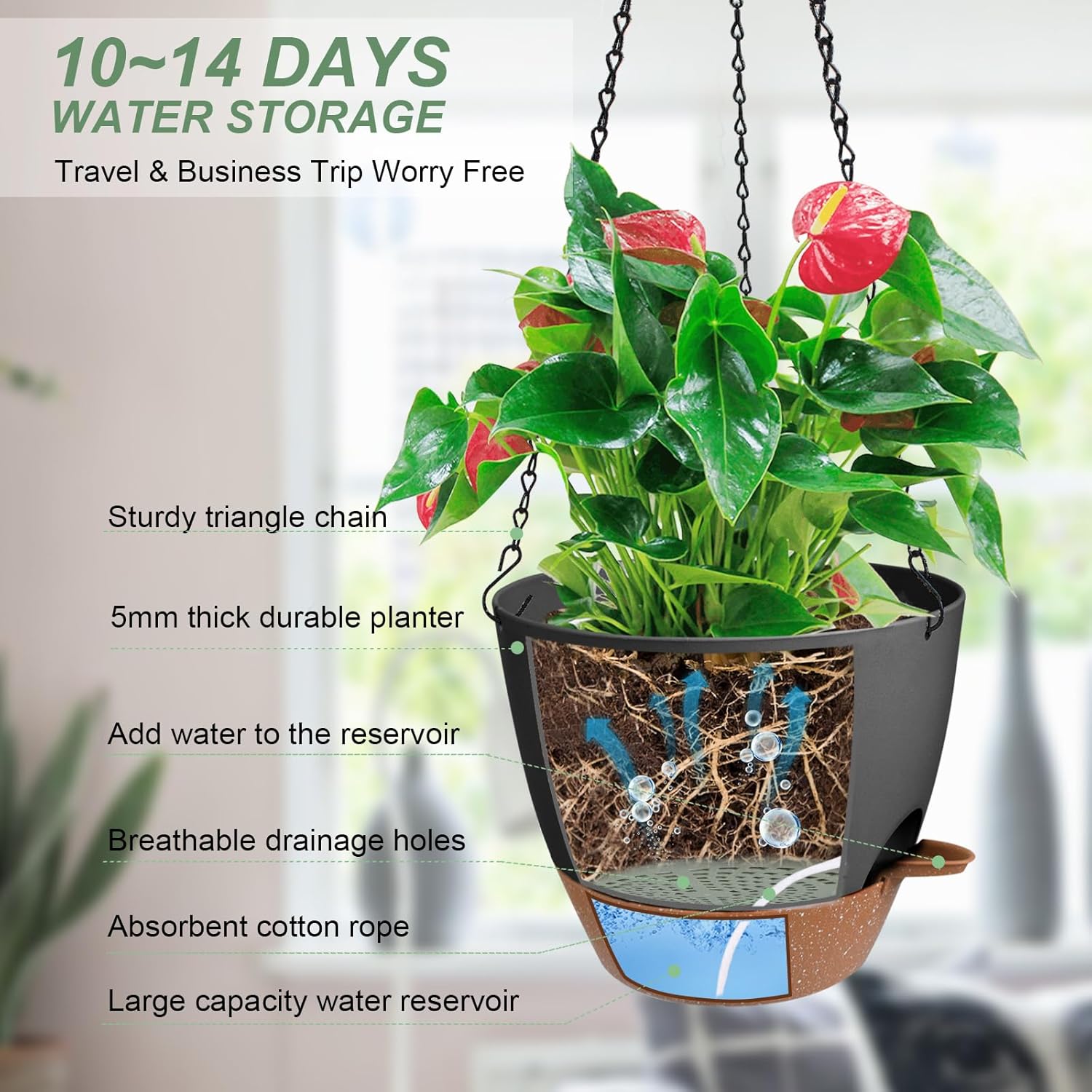 Hanging Planters for Indoor Outdoor Plants, 1 Set Self Watering Hanging Pot with Drainage Holes &