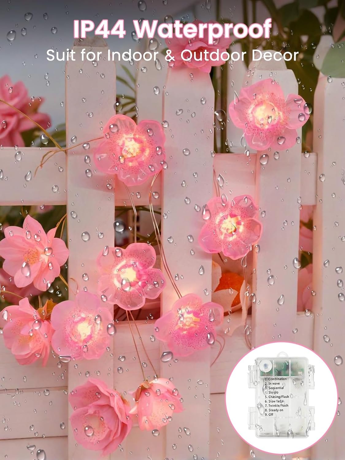 Cherry Blossom Flower String Lights for Bedroom, Pink Fairy Lights Battery Operated with Remote & 8