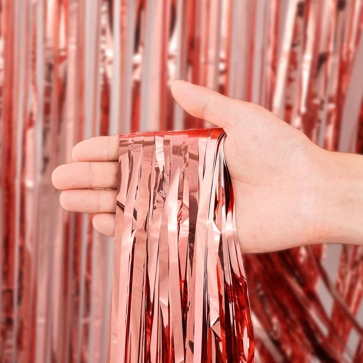3 Pack 3.3x8.2 Feet Rose Gold Foil Fringe Backdrop Curtains, Tinsel Streamers Birthday Party