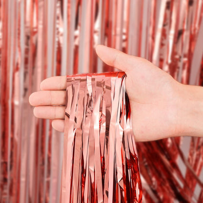 3 Pack 3.3x8.2 Feet Rose Gold Foil Fringe Backdrop Curtains, Tinsel Streamers Birthday Party