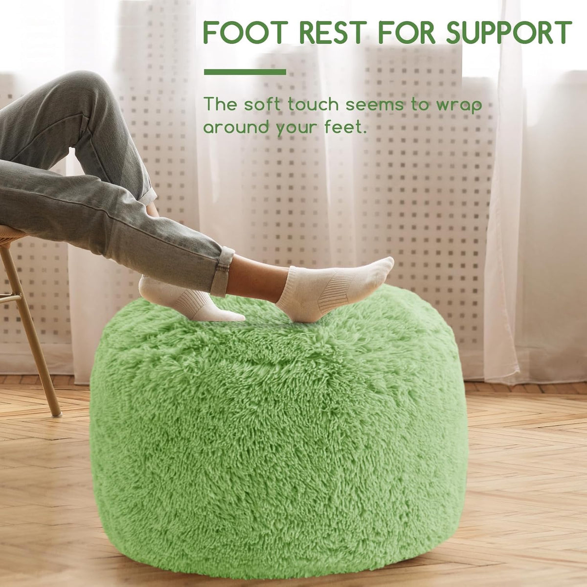 HIGOGOGO Round Stuffed Pouf Ottoman, Long Faux Fur Poufs with Foam Chunk Filling, Fluffy and Furry