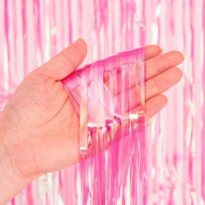 BRAVESHINE Clear Pink Streamers Party Decorations Iridescent Foil Fringe Backdrop - 2 Pack 3.2 x