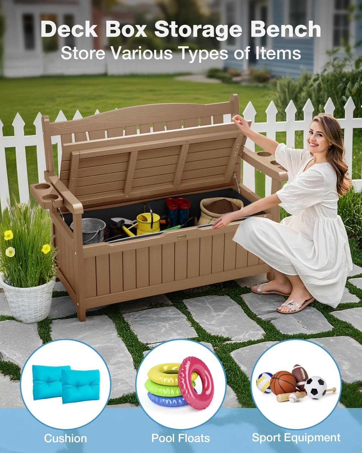 YEFU Outdoor Storage Bench for Patio: Heavy Duty Garden Bench with 96° High Backrest & Oversized
