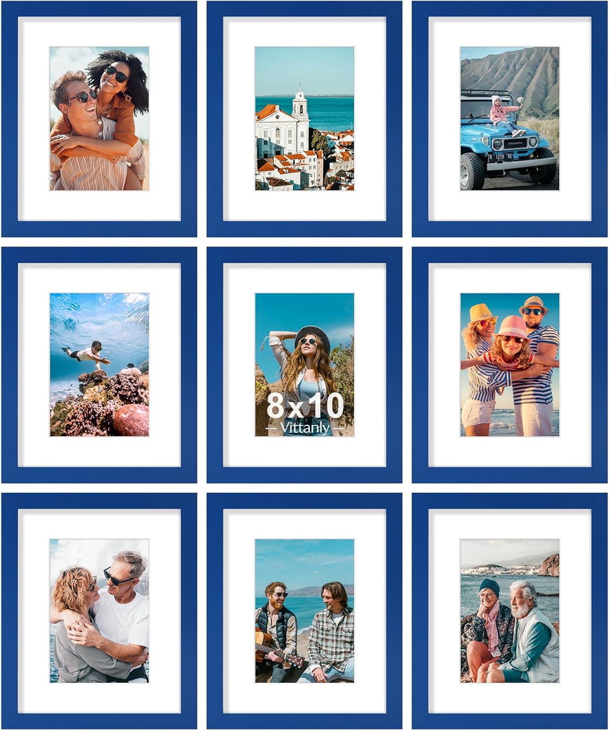 Vittanly 8x10 Picture Frame Set of 9 - Display 5x7 Photos with Mat or 8x10 Without Mat, Wall Mount