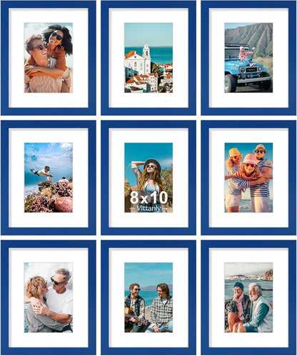 Vittanly 8x10 Picture Frame Set of 9 - Display 5x7 Photos with Mat or 8x10 Without Mat, Wall Mount