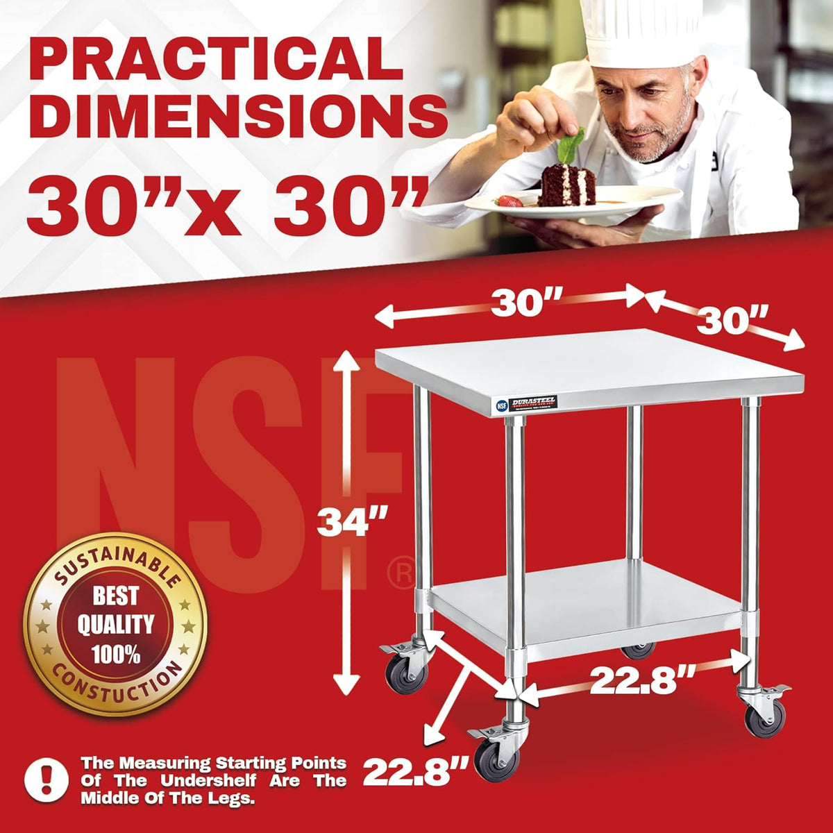 DuraSteel 30x30 NSF Stainless Steel Cart - Heavy Duty Rolling Food Prep Table with Undershelf