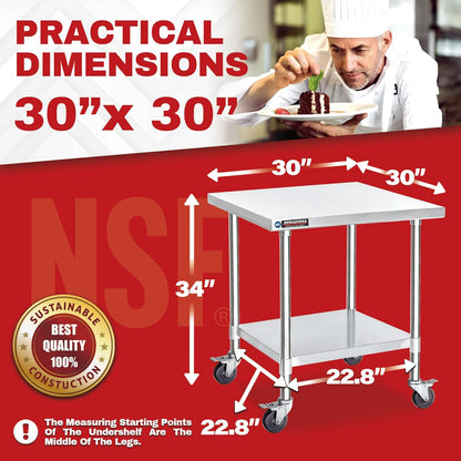 DuraSteel 30x30 NSF Stainless Steel Cart - Heavy Duty Rolling Food Prep Table with Undershelf