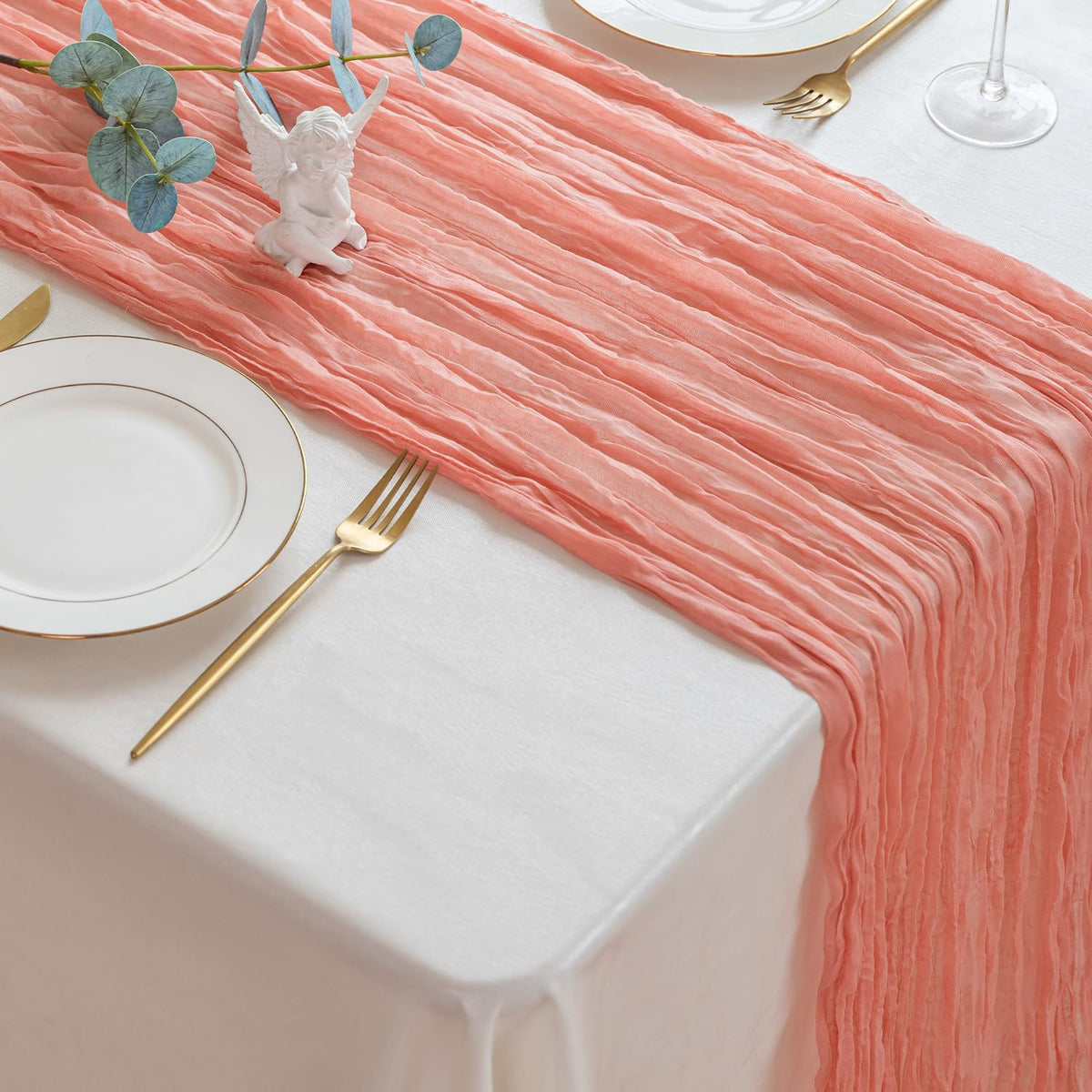 Sioloc 1 Pack Peach Coral Cheesecloth Table Runner Fall Autumn Decor for Home 10ft Table Cloth for