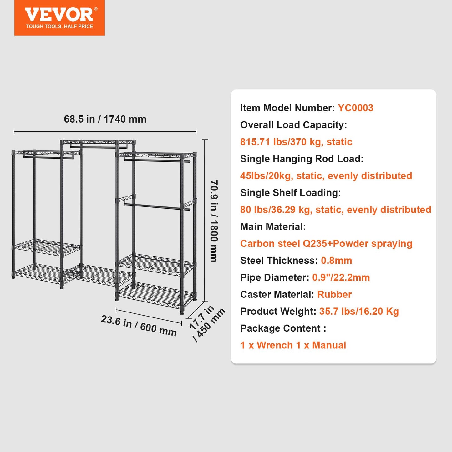 VEVOR Sturdy Apparel Organizer, Mobile Garment Hanger with Four Rods & Eight Shelving Levels