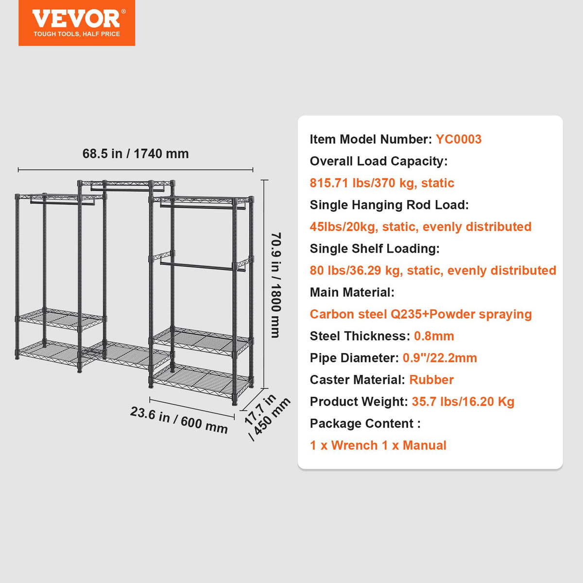 VEVOR Sturdy Apparel Organizer, Mobile Garment Hanger with Four Rods & Eight Shelving Levels