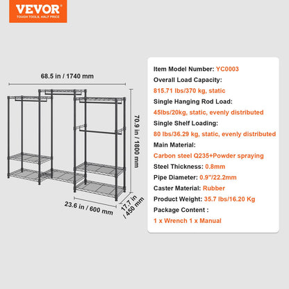 VEVOR Sturdy Apparel Organizer, Mobile Garment Hanger with Four Rods & Eight Shelving Levels