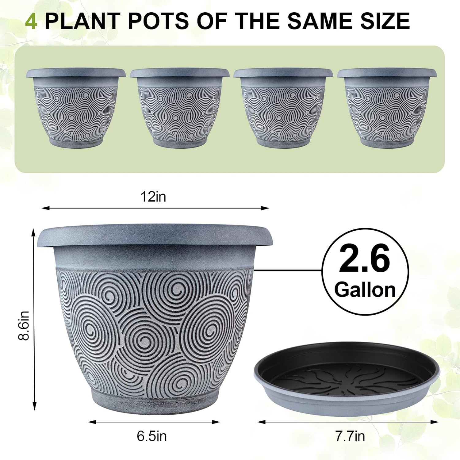 12 Inch Large Planter Pot for Plants Indoor Outdoor, 4 Pack Plastic Flower Pots with Drainage Hole
