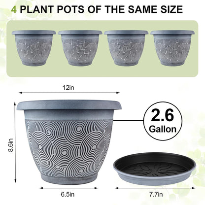 12 Inch Large Planter Pot for Plants Indoor Outdoor, 4 Pack Plastic Flower Pots with Drainage Hole