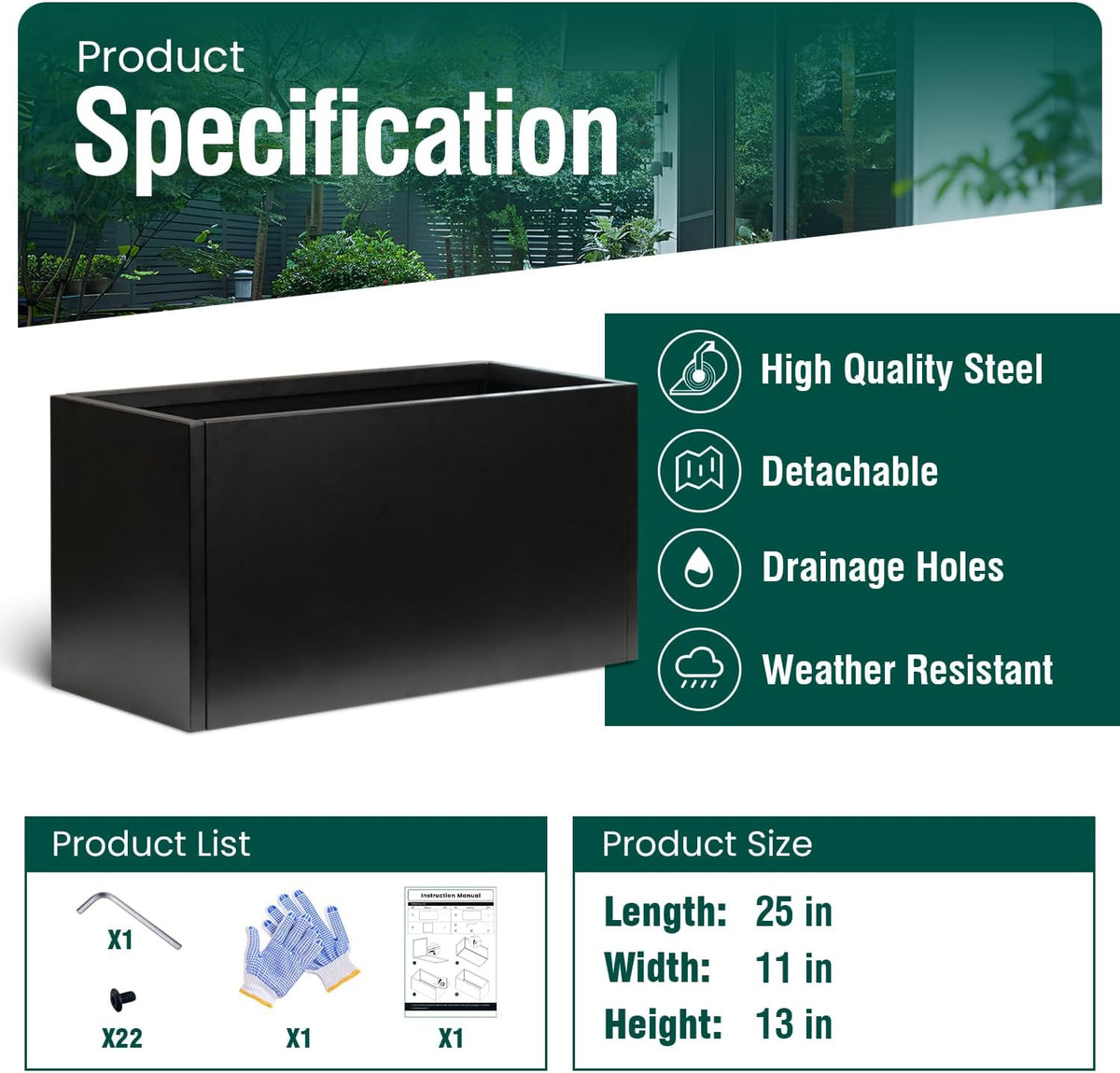 Galvanized Steel Metal Planter Rectangular Indoor Black Planter Box Large Outdoor Planters Steel