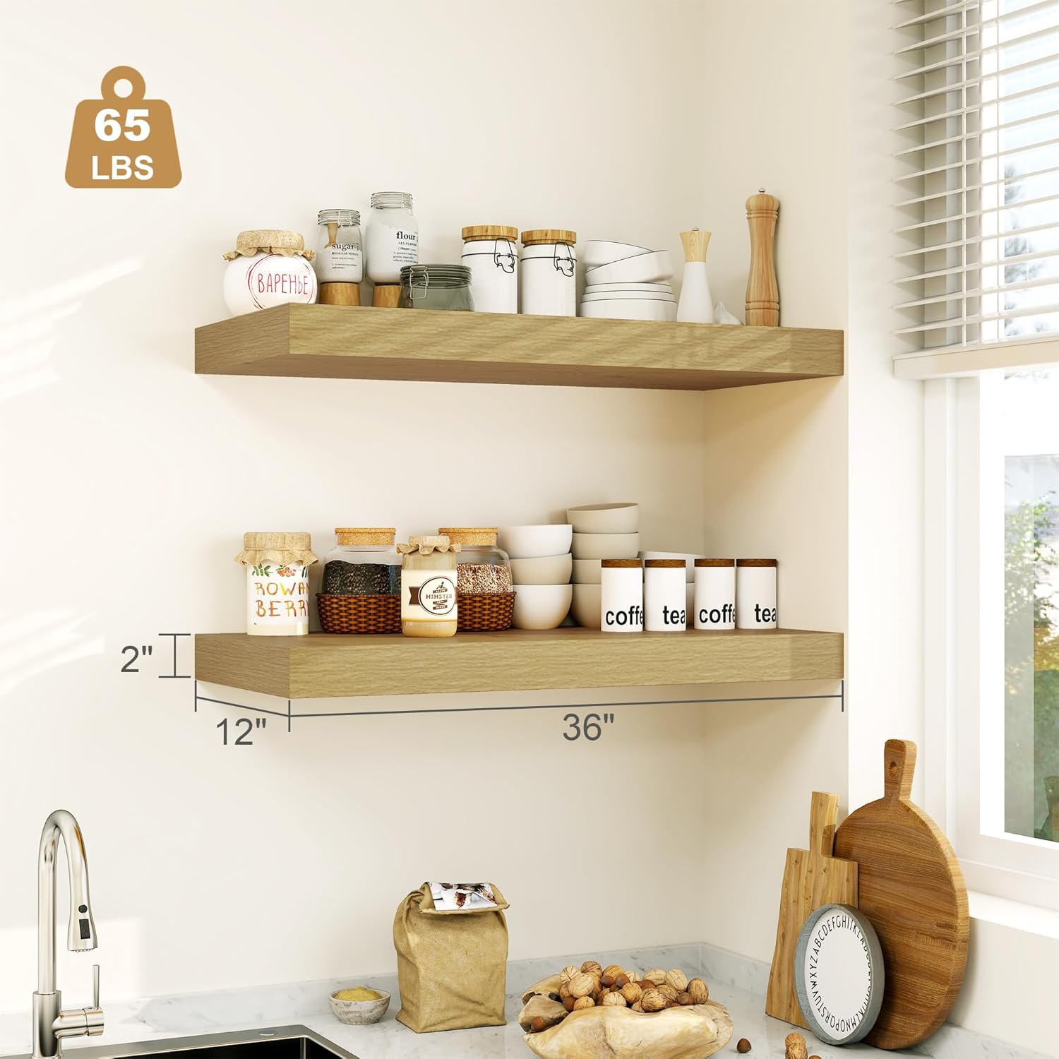 12" Deep Oak Floating Shelves,Over Toilet Long Wall Mounted Modern Farmhouse 36 inches,Wall Shelves