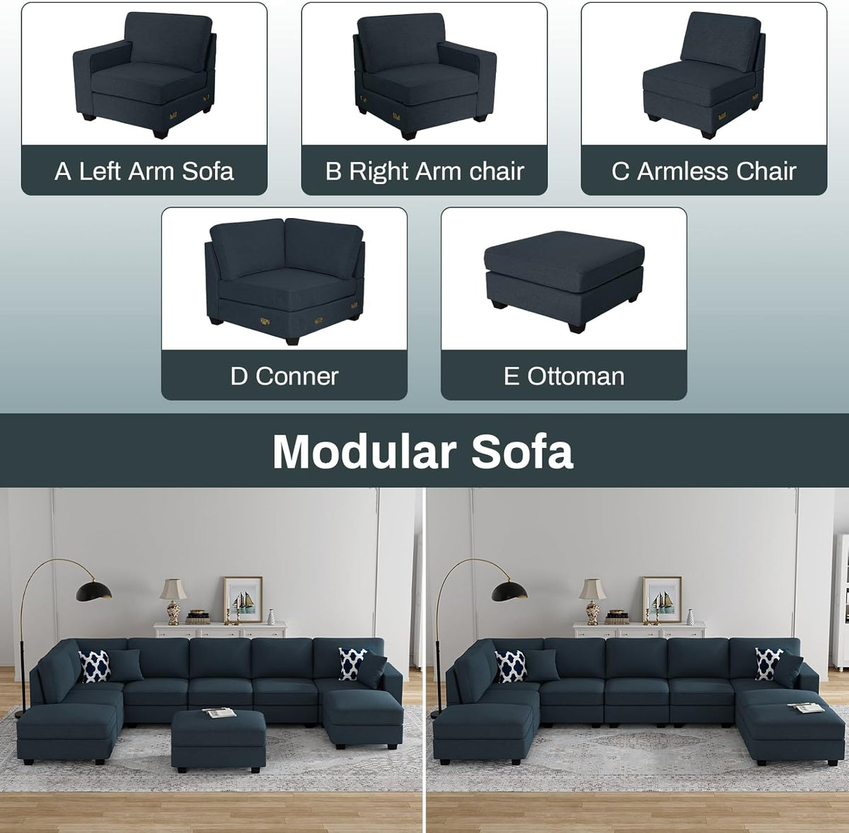L Lengend Vansen Modular Sectional Sofa U Shaped Couch with Ottoman Modern Reversible Corner