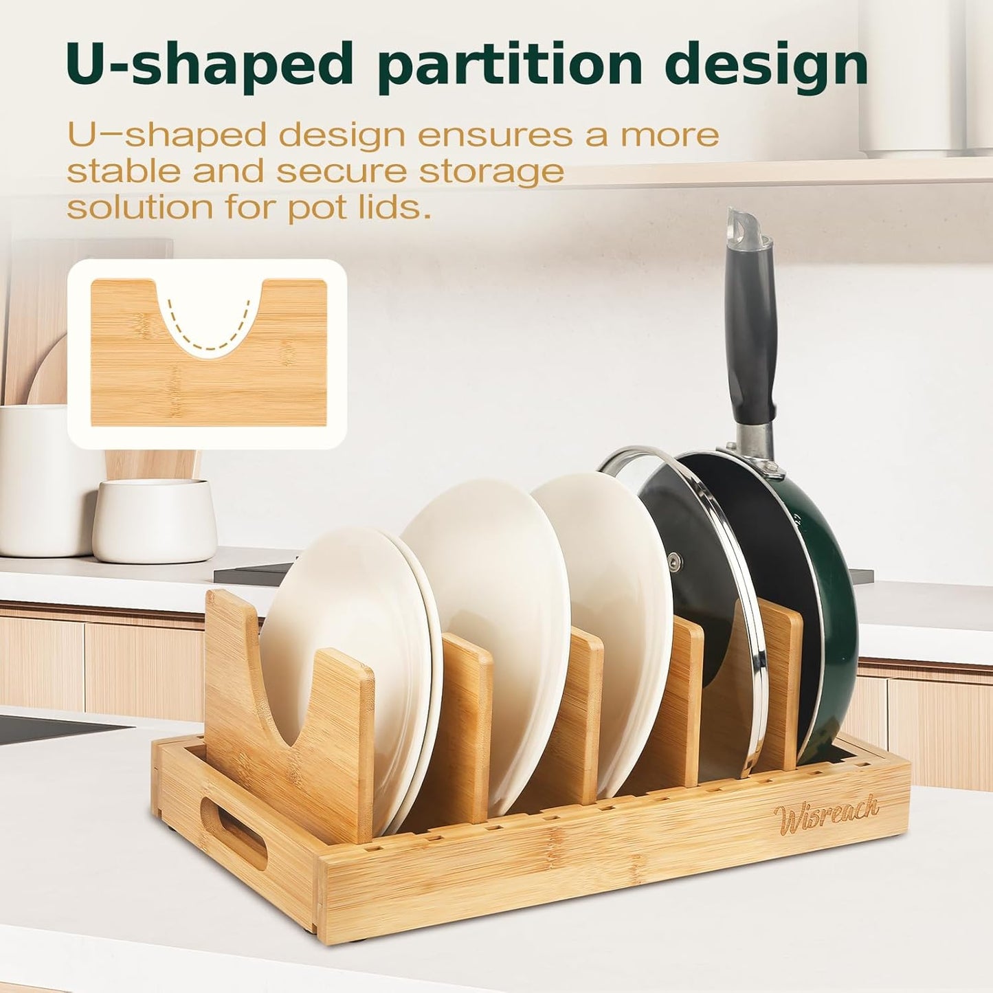 Bamboo Pot Lid Organizer, Adjustable Kitchen Organizer for Cabinet, Expandable Pot and Pan Storage