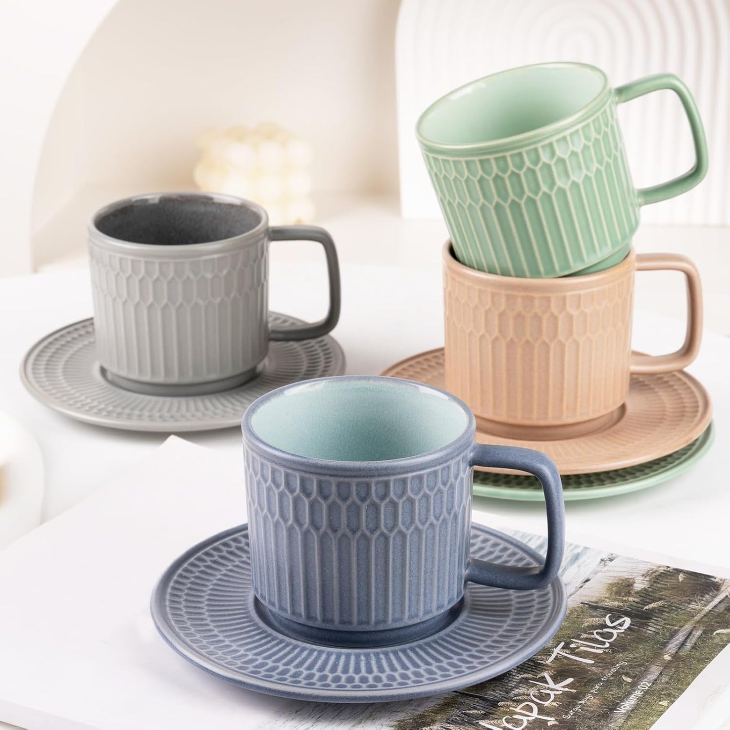 Large Cappuccino Cups with Saucers Set of 4, 8 Ounce Stackable Embossed Ceramic Coffee Mugs for