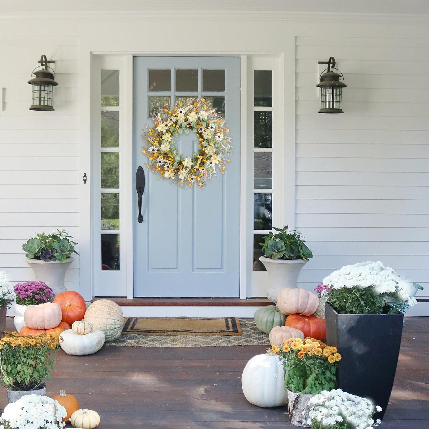 idyllic 20 Inches Spring Summer Front Door Wreath, Yellow and White Daisies Flowers, Ear of Wheat