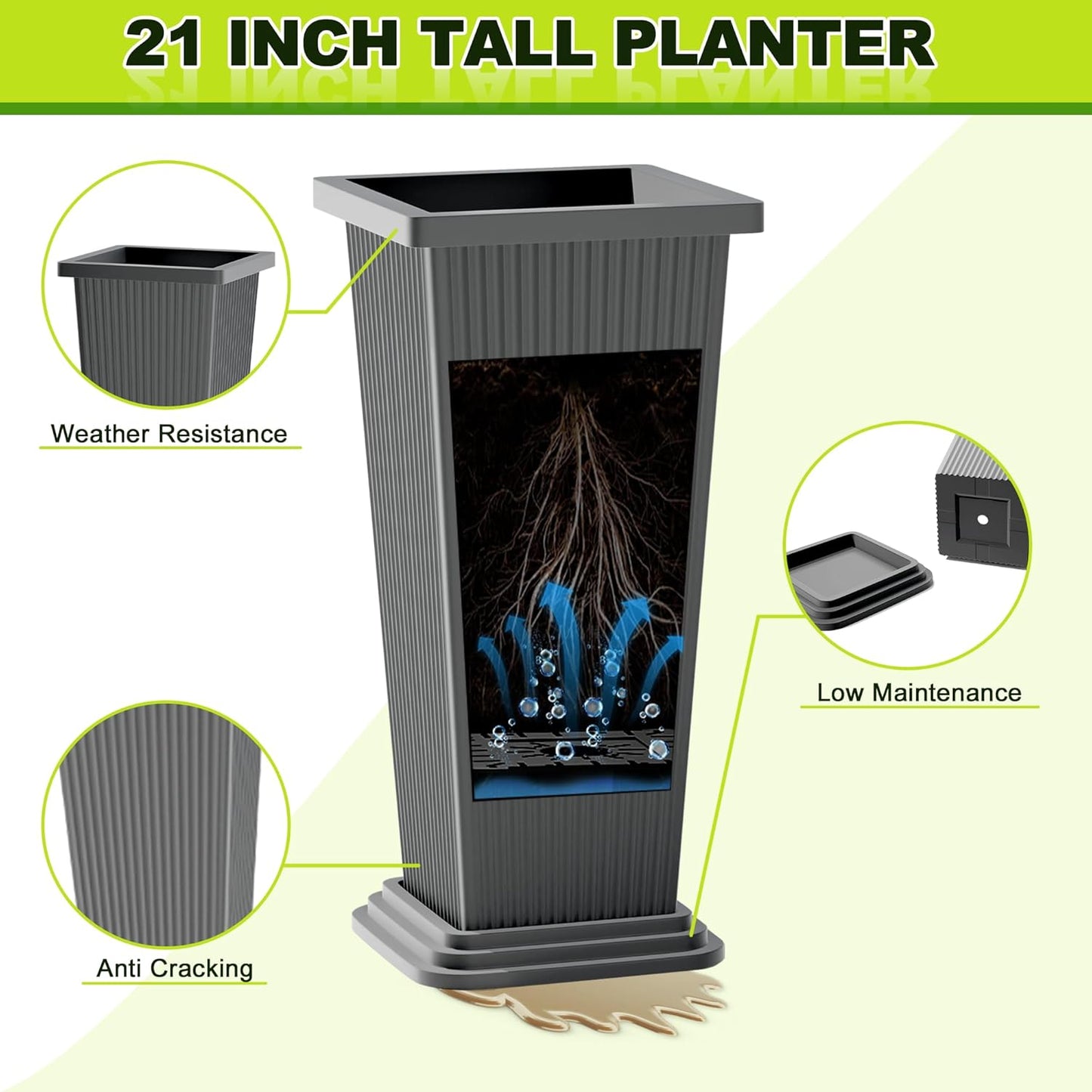 FENCY Set of 2 Tall Planters for Outdoor Plants, 24 Inch Large Tapered Pots with Drainage Trays