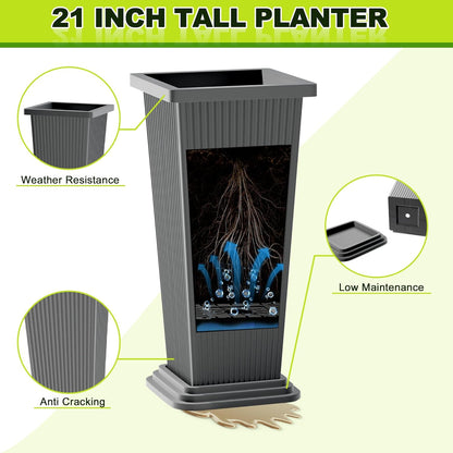 FENCY Set of 2 Tall Planters for Outdoor Plants, 24 Inch Large Tapered Pots with Drainage Trays