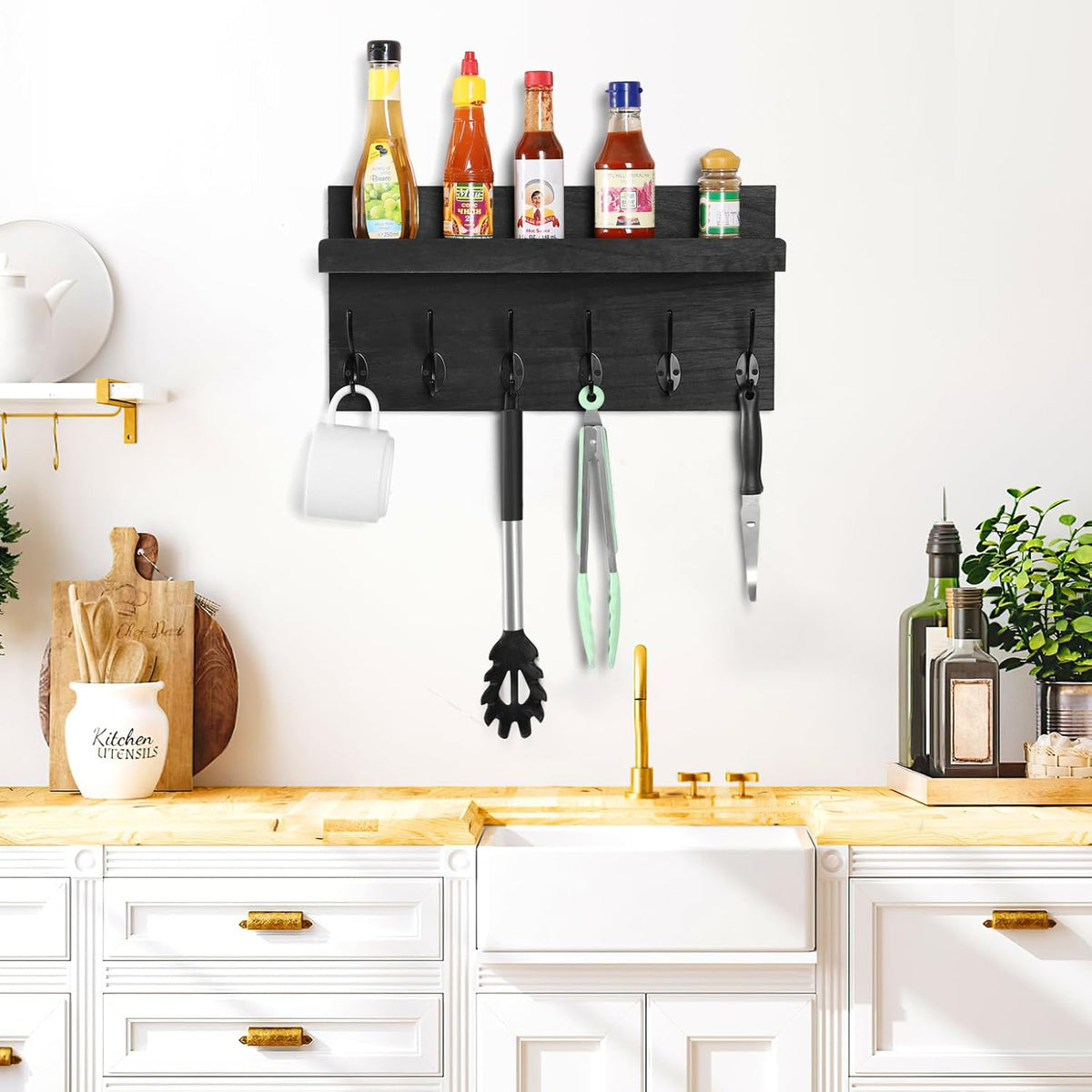 Shelf with Hooks, Coat Rack Wall Mount with 6 Double Metal Hooks, 17 Inch Farmhouse Wall Hooks with